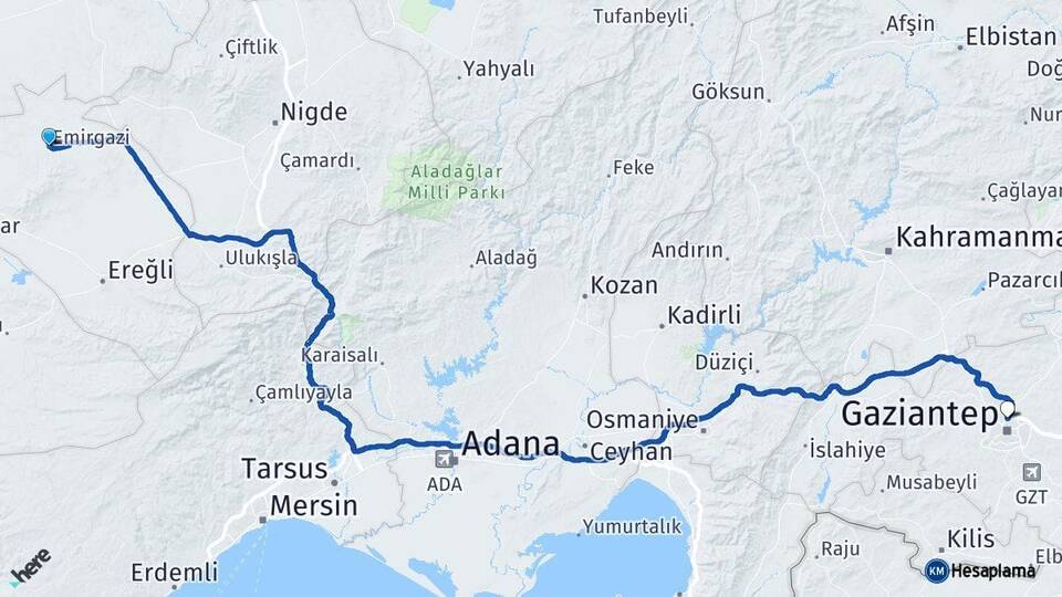 Konya Emirgazi Gaziantep Arası Kaç Km - Yol Haritası