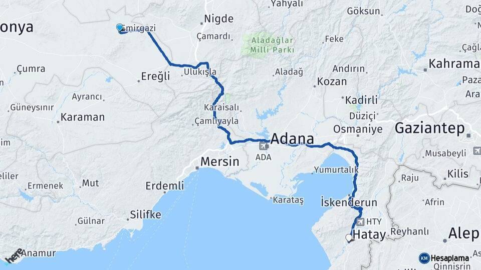 Konya Emirgazi Hatay Arası Kaç Km - Yol Haritası