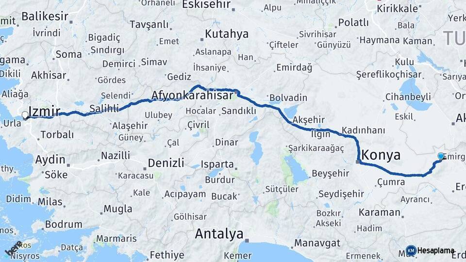 Konya Emirgazi İzmir Arası Kaç Km - Yol Haritası