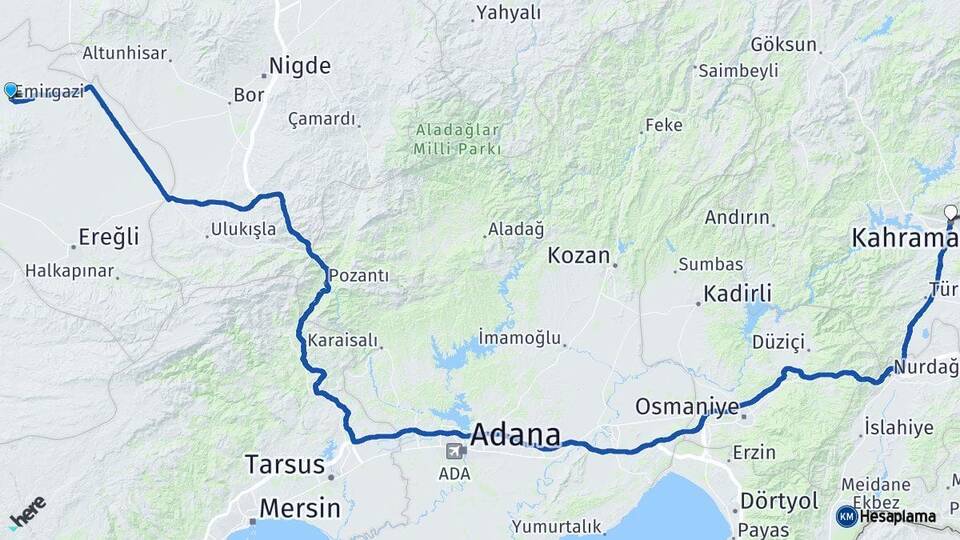 Konya Emirgazi Kahramanmaraş Arası Kaç Km - Yol Haritası