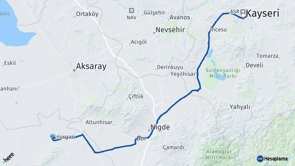 Konya Emirgazi Kayseri Arası Kaç Km - Yol Haritası