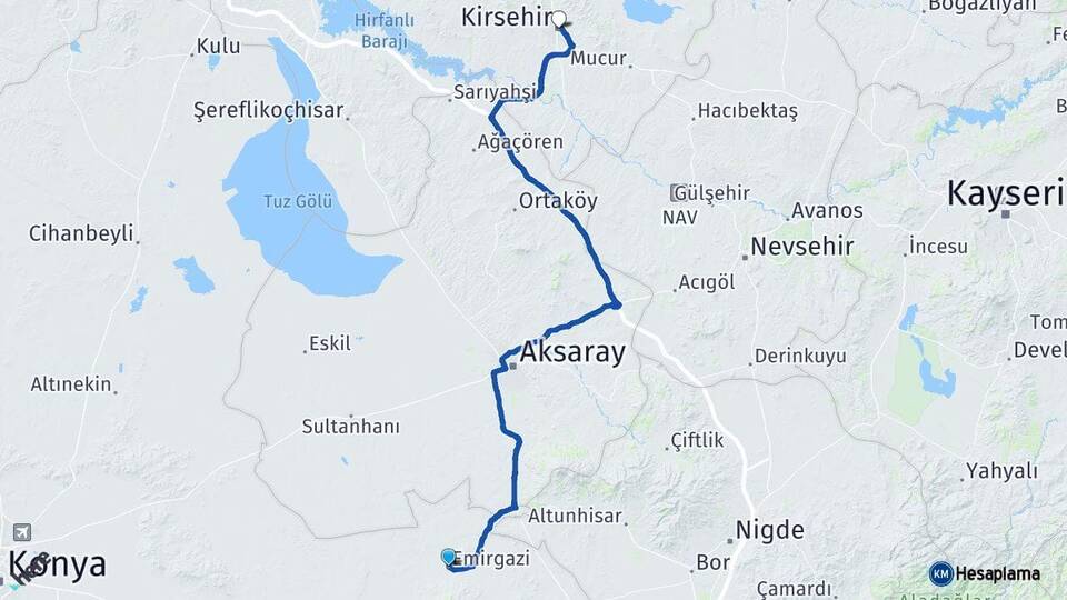 Konya Emirgazi Kırşehir Arası Kaç Km - Yol Haritası
