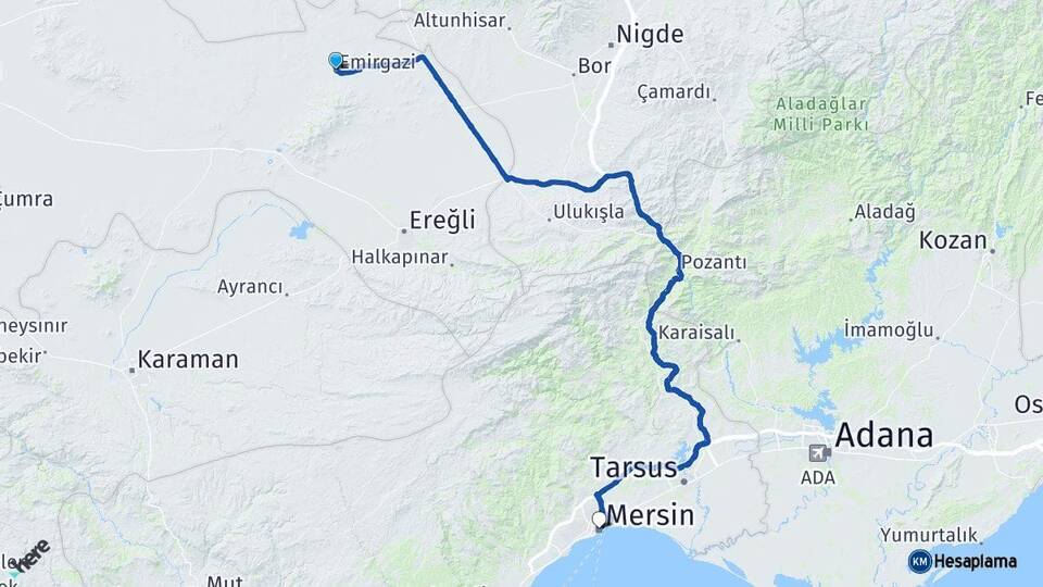 Konya Emirgazi Mersin Arası Kaç Km - Yol Haritası