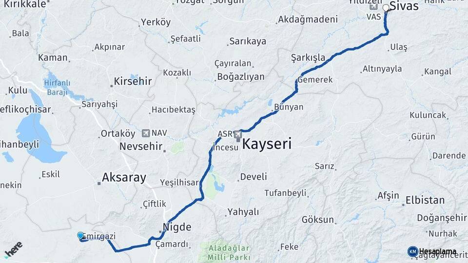 Konya Emirgazi Sivas Arası Kaç Km - Yol Haritası