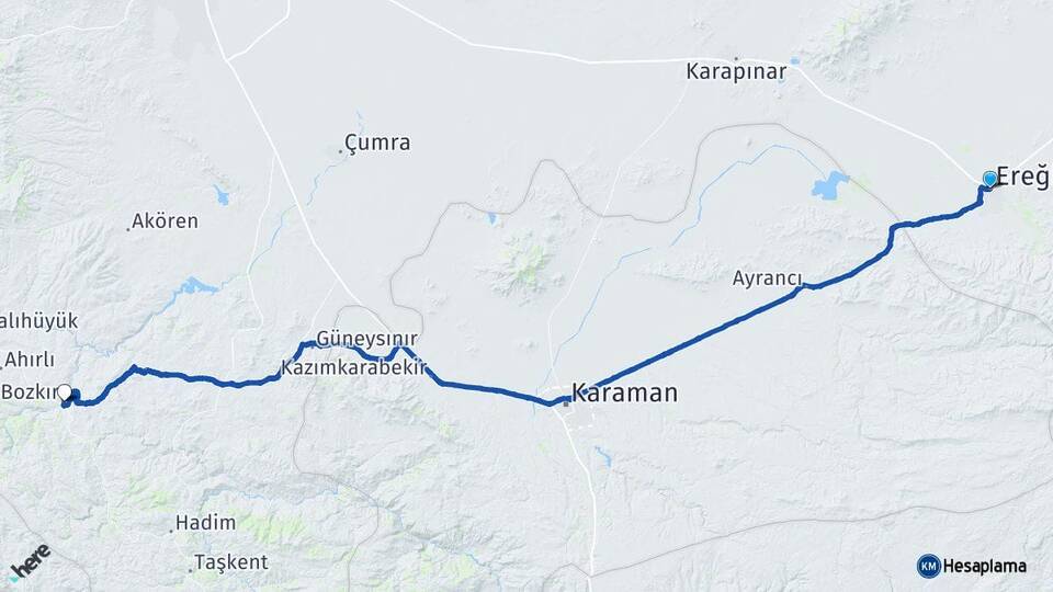 Konya Ereğli Bozkır Arası Kaç Km - Yol Haritası