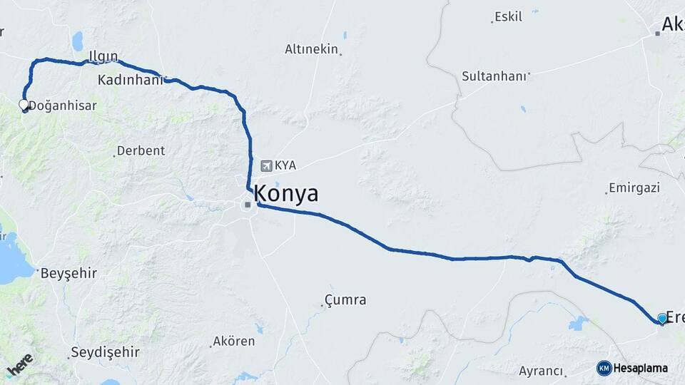 Konya Ereğli Doğanhisar Arası Kaç Km - Yol Haritası