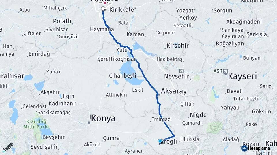 Konya Ereğli Gölbaşı Ankara Arası Kaç Km - Yol Haritası