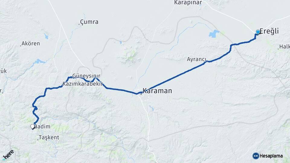Konya Ereğli Hadim Arası Kaç Km - Yol Haritası