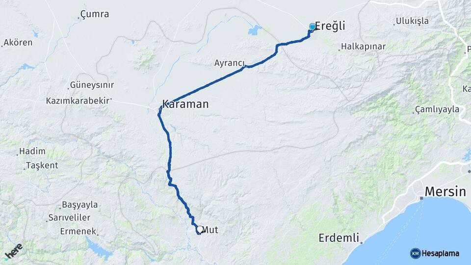 Konya Ereğli Mut Mersin Arası Kaç Km - Yol Haritası