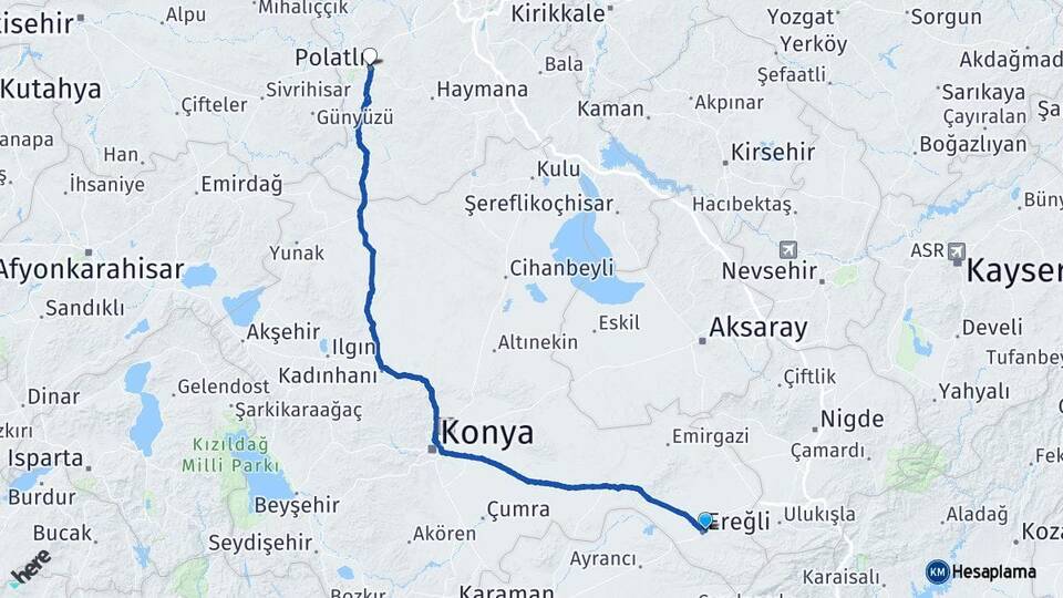 Konya Ereğli Polatlı Ankara Arası Kaç Km - Yol Haritası