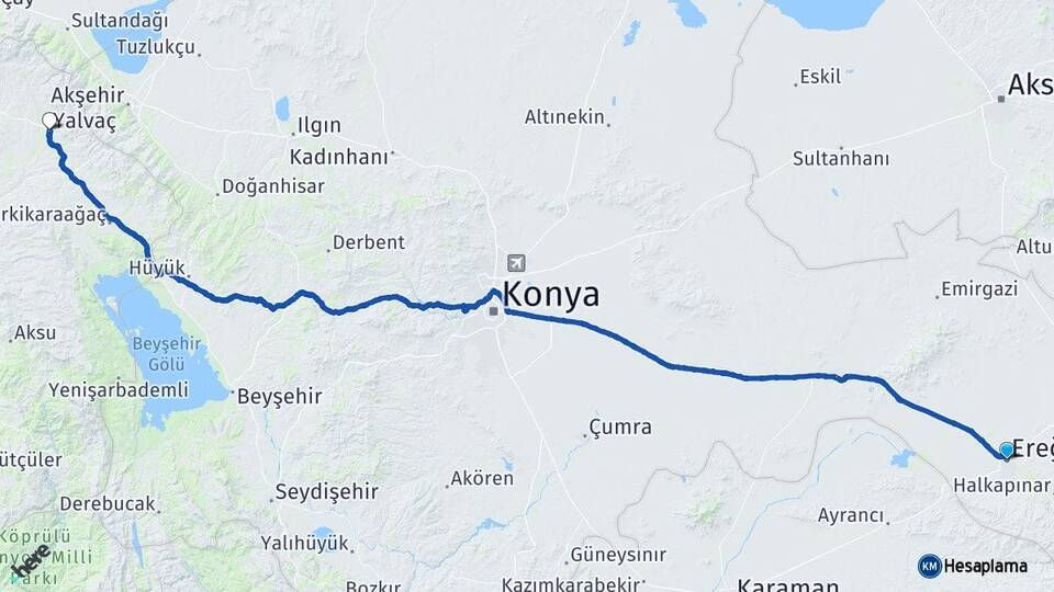 Konya Ereğli Yalvaç Isparta Arası Kaç Km - Yol Haritası
