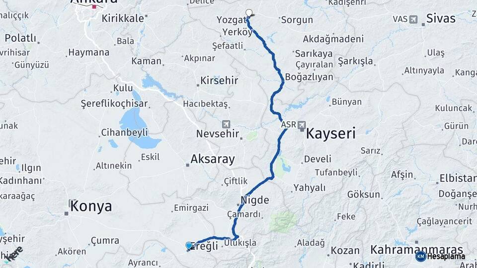 Konya Ereğli Yozgat Arası Kaç Km - Yol Haritası