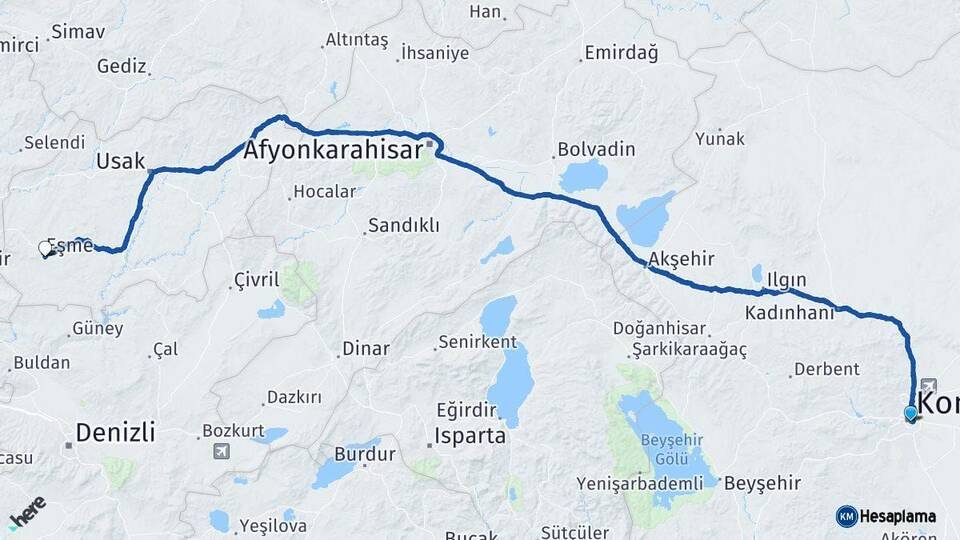 Konya Eşme Uşak Arası Kaç Km - Yol Haritası