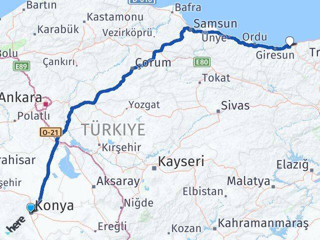 Konya Espiye Giresun Arası Kaç Km - Yol Haritası