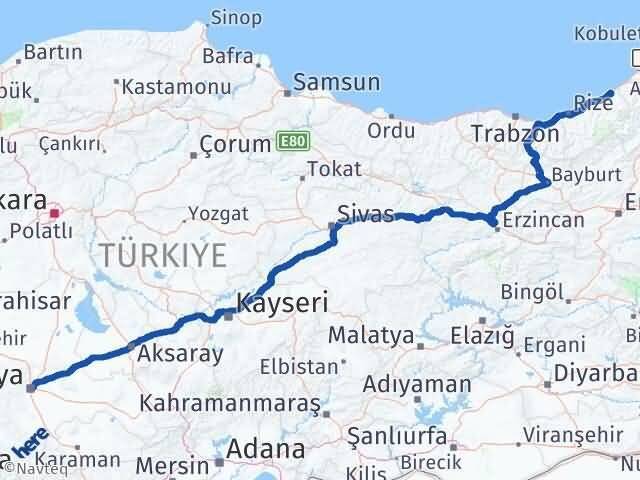 Konya Fındıklı Rize Arası Kaç Km - Yol Haritası