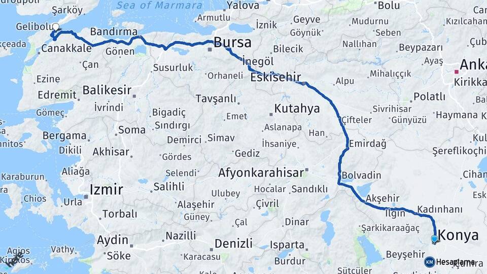 Konya Gelibolu Çanakkale Arası Kaç Km - Yol Haritası
