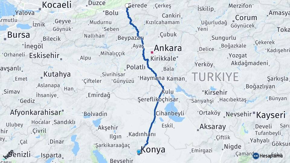 Konya Gerede Bolu Arası Kaç Km - Yol Haritası