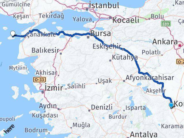 Konya Gökçeada Çanakkale Arası Kaç Km - Yol Haritası
