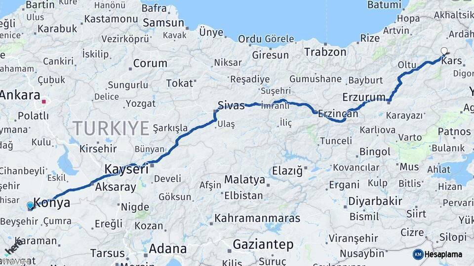 Konya Göle Ardahan Arası Kaç Km - Yol Haritası