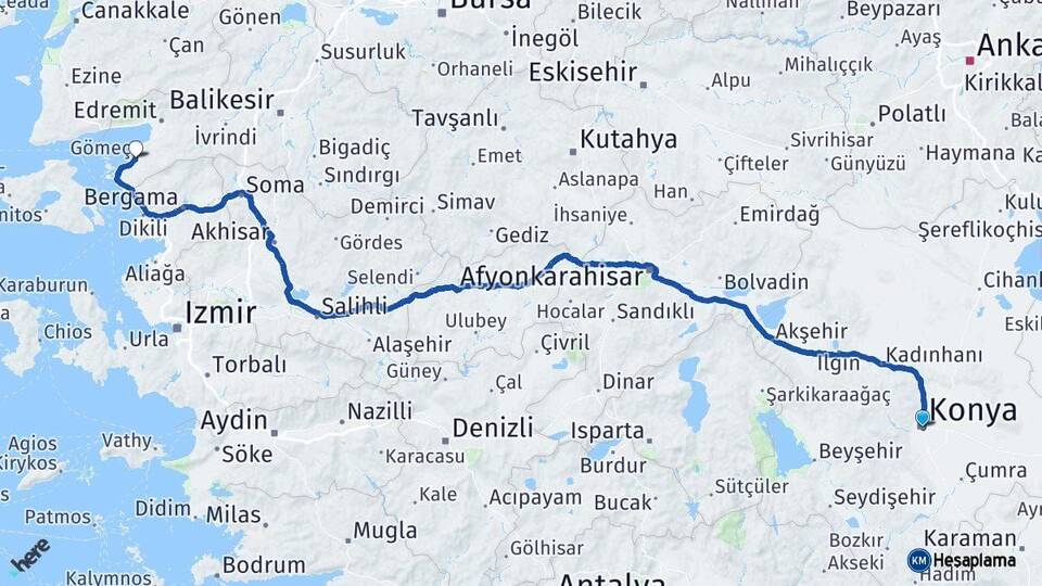 Konya Gömeç Balıkesir Arası Kaç Km - Yol Haritası