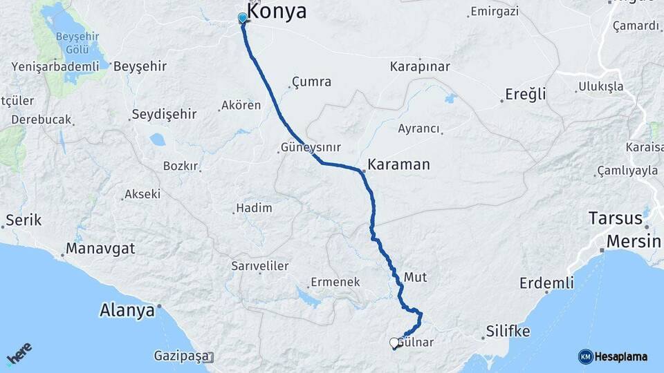 Konya Gülnar Mersin Arası Kaç Km - Yol Haritası
