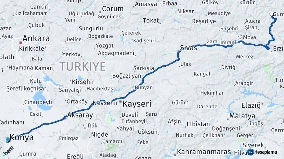 Konya Gümüşhane Arası Kaç Km - Yol Haritası