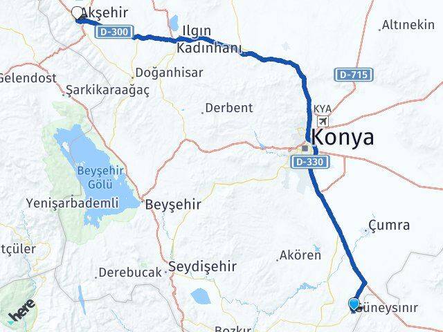 Konya Güneysınır Akşehir Arası Kaç Km - Yol Haritası