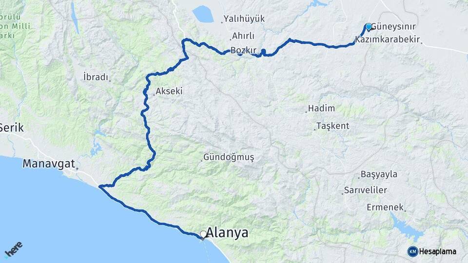 Konya Güneysınır Alanya Antalya Arası Kaç Km - Yol Haritası