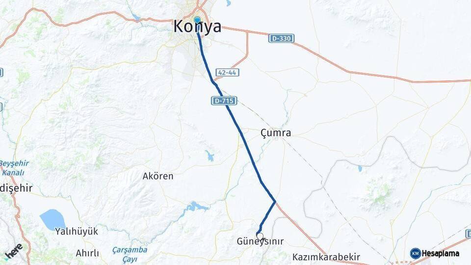 Konya Güneysınır Arası Kaç Km - Yol Haritası