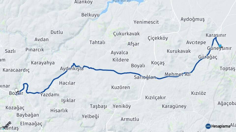 Konya Güneysınır Bozkır Arası Kaç Km - Yol Haritası