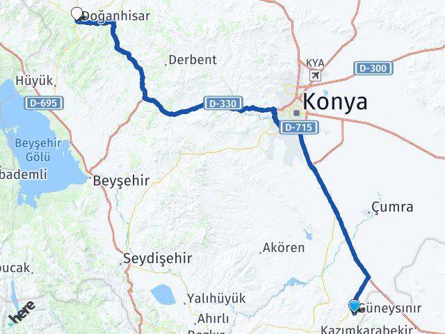 Konya Güneysınır Doğanhisar Arası Kaç Km - Yol Haritası