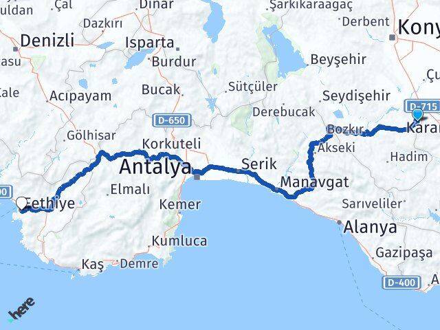 Konya Güneysınır Fethiye Muğla Arası Kaç Km - Yol Haritası