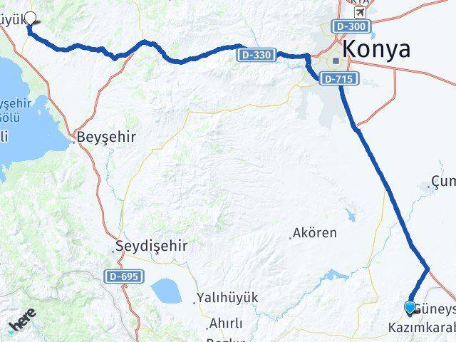 Konya Güneysınır Hüyük Arası Kaç Km - Yol Haritası