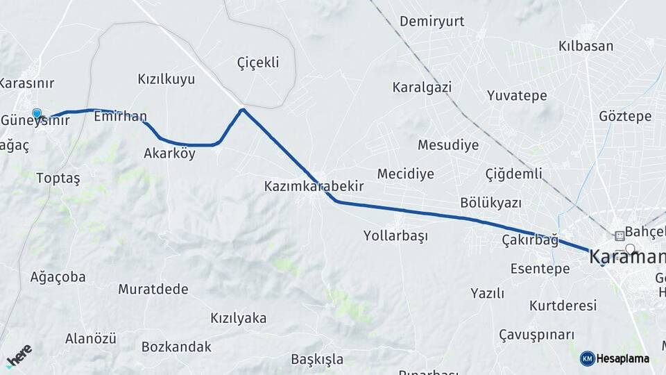Konya Güneysınır Karaman Arası Kaç Km - Yol Haritası