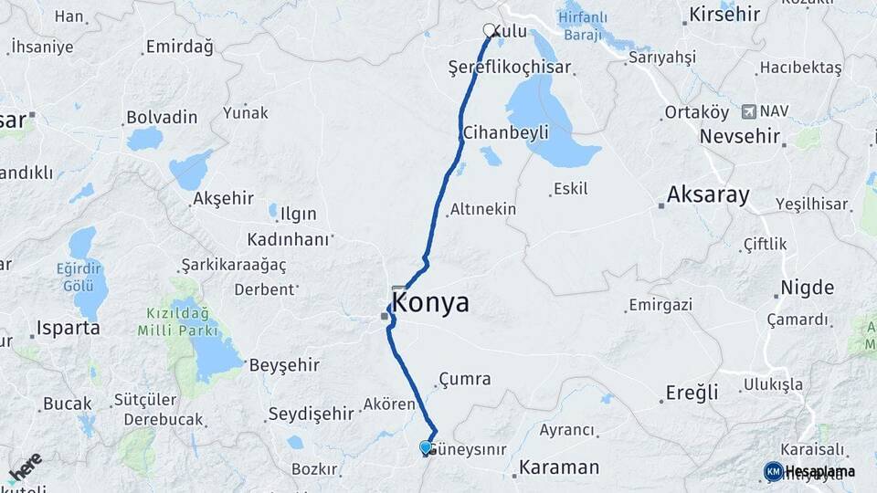 Konya Güneysınır Kulu Arası Kaç Km - Yol Haritası