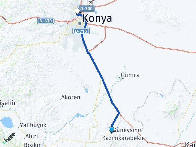Konya Güneysınır Selçuklu Arası Kaç Km - Yol Haritası