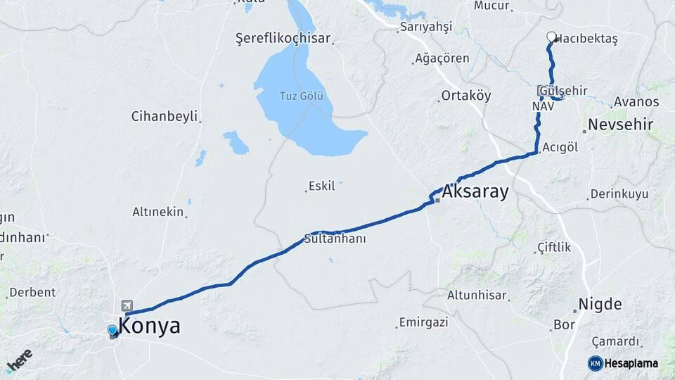 Konya Hacıbektaş Nevşehir Arası Kaç Km - Yol Haritası