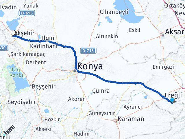 Konya Halkapınar Akşehir Arası Kaç Km - Yol Haritası