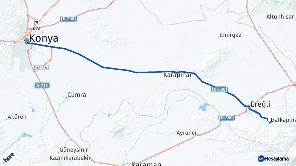 Konya Halkapınar Arası Kaç Km - Yol Haritası