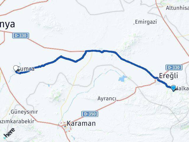 Konya Halkapınar Çumra Arası Kaç Km - Yol Haritası