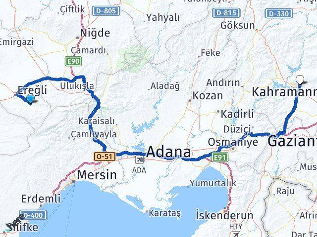 Konya Halkapınar Kahramanmaraş Arası Kaç Km - Yol Haritası