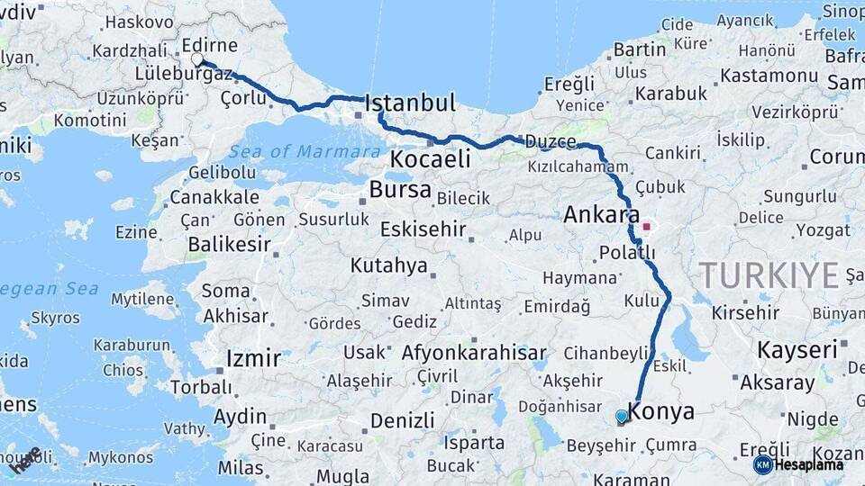 Konya Havsa Edirne Arası Kaç Km - Yol Haritası