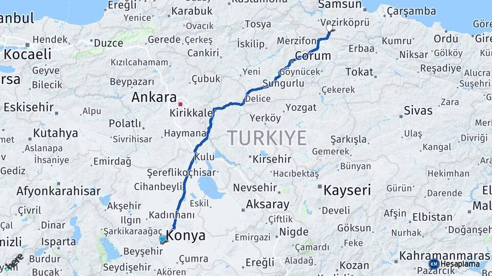 Konya Havza Samsun Arası Kaç Km - Yol Haritası