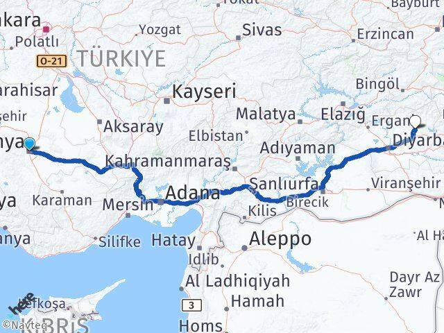 Konya Hazro Diyarbakır Arası Kaç Km - Yol Haritası