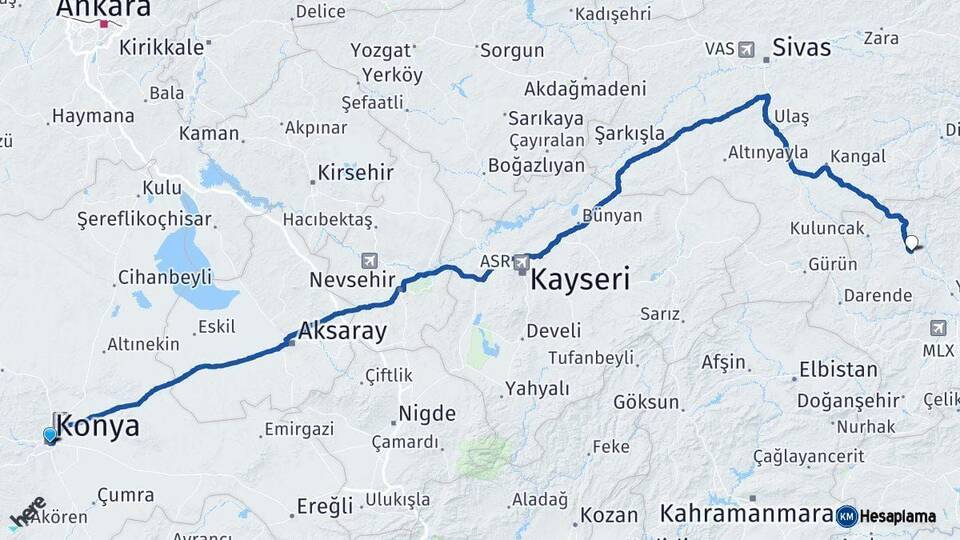 Konya Hekimhan Malatya Arası Kaç Km - Yol Haritası