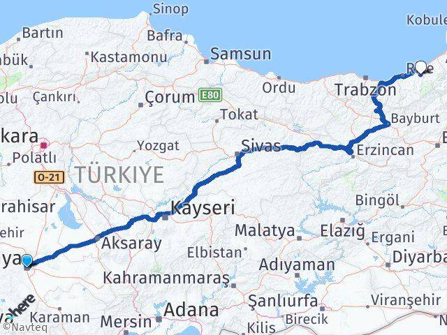 Konya Hemşin Rize Arası Kaç Km - Yol Haritası