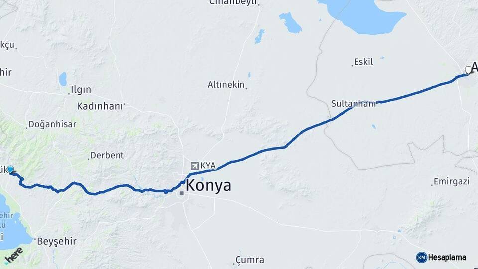 Konya Hüyük Aksaray Arası Kaç Km - Yol Haritası