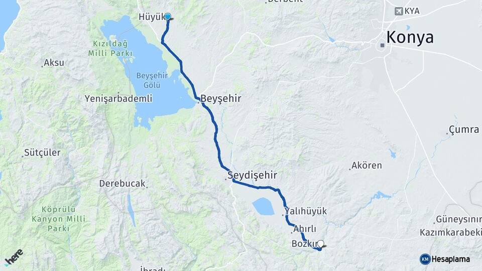 Konya Hüyük Bozkır Arası Kaç Km - Yol Haritası