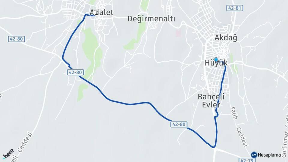 Konya Hüyük Çavuş Hüyük Arası Kaç Km - Yol Haritası