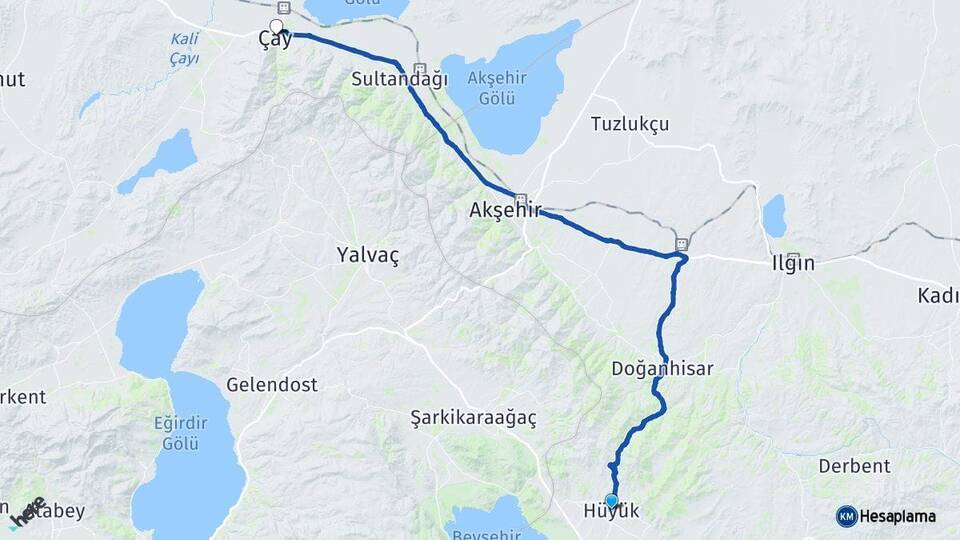 Konya Hüyük Çay Afyonkarahisar Arası Kaç Km - Yol Haritası